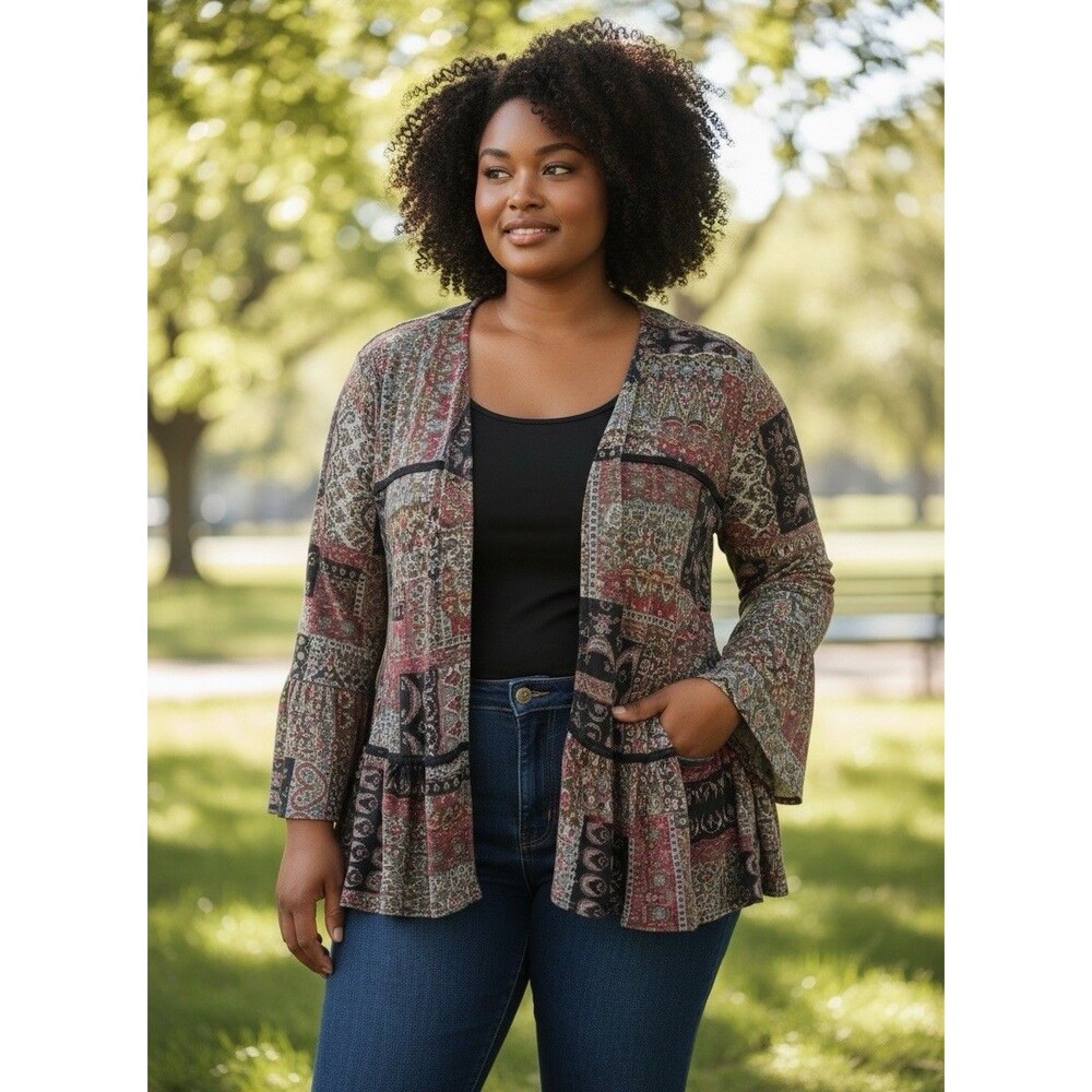 Perceptions Women Open Cardigan Boho Paisley Peplum Bell Sleeve Multi XL